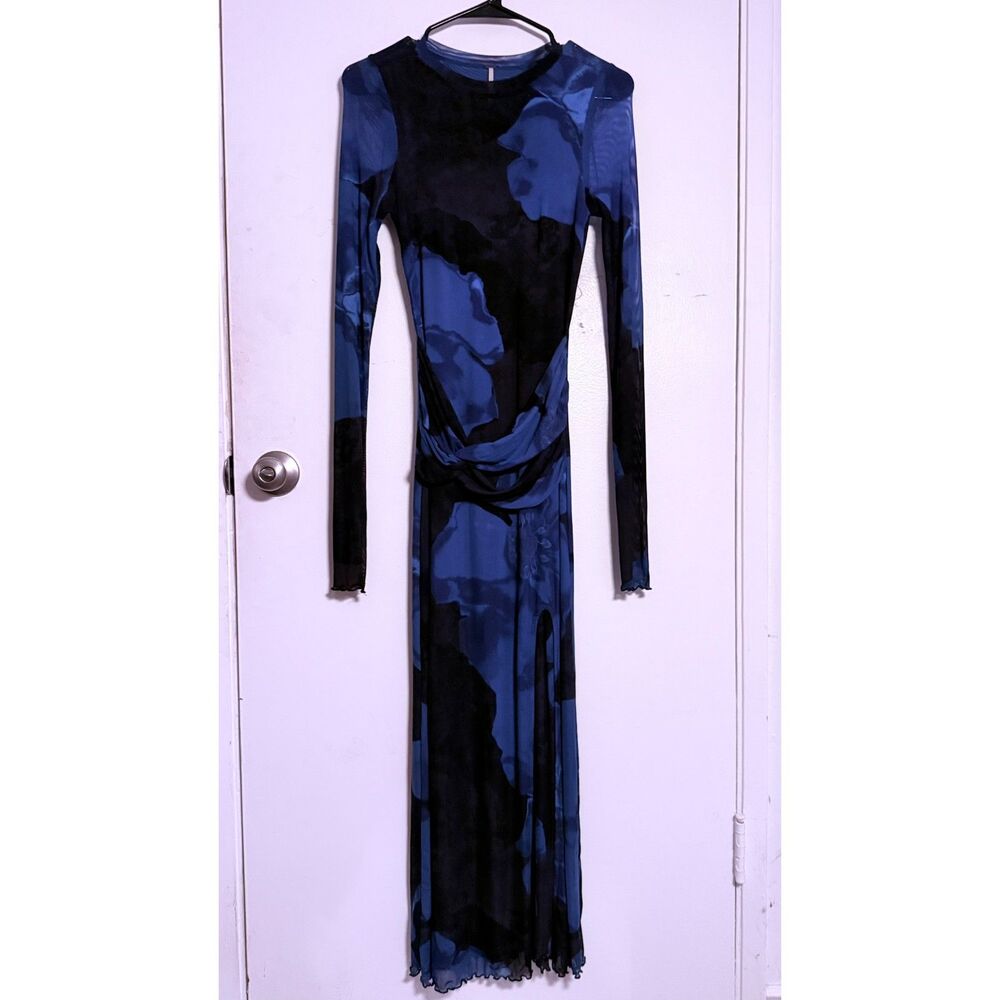 Free People Sunnei Blue Black Watercolor Mesh Twist Waist Maxi Dress S